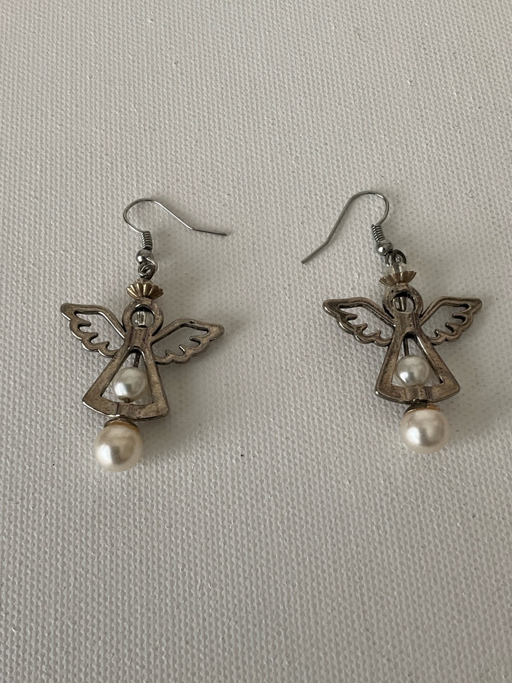 Silver Tone Angel Pearl Drop Earrings